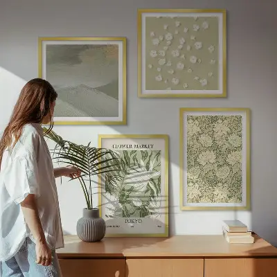Blomsterabstraktioner i boho-stil billedvæg til over sofaen
