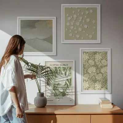 Blomsterabstraktioner i boho-stil billedvæg til over sofaen