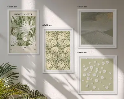Blomsterabstraktioner i boho-stil billedvæg til over sofaen