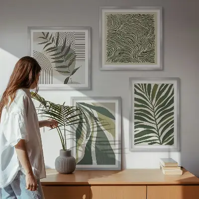Billedsæt med ramme blade og bølger med pastelfarvede illustrationer