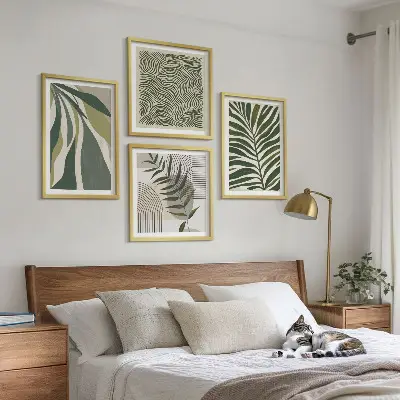Billedsæt med ramme blade og bølger med pastelfarvede illustrationer