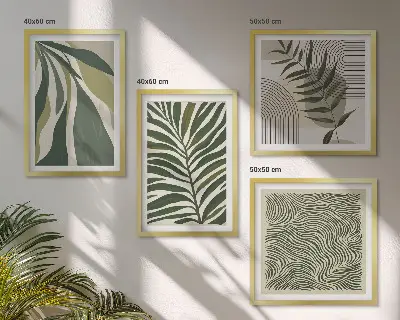 Billedsæt med ramme blade og bølger med pastelfarvede illustrationer