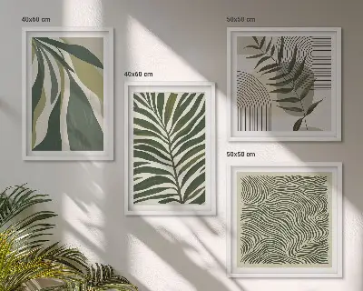Billedsæt med ramme blade og bølger med pastelfarvede illustrationer