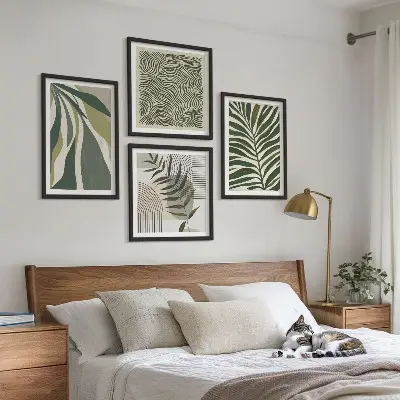 Billedsæt med ramme blade og bølger med pastelfarvede illustrationer