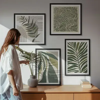 Billedsæt med ramme blade og bølger med pastelfarvede illustrationer