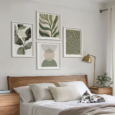 Abstrakt kunst med geometriske former billedvæg til over sofaen