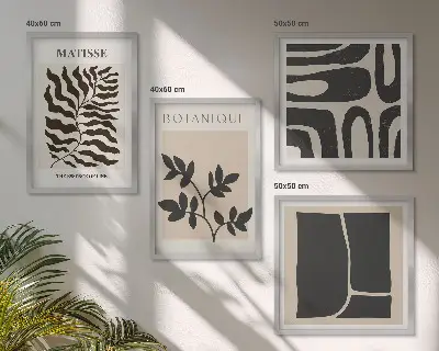 Minimalistiske planteplakater til billedvæg over sofaen