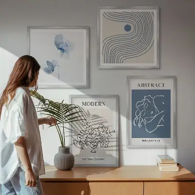 Abstrakte plakater med blomsterlinjer billedsæt med ramme