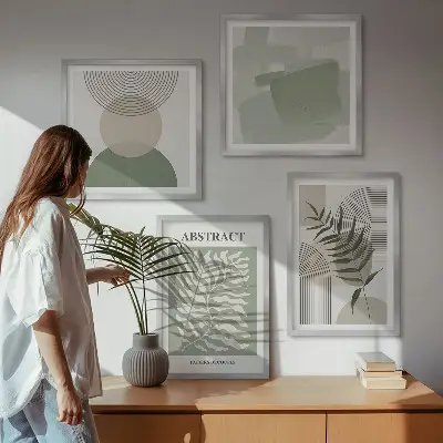 Billedvæg over sofa med botaniske boho-abstraktioner