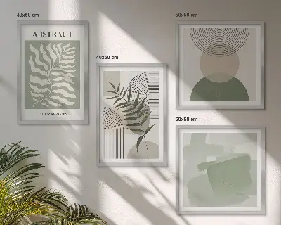 Billedvæg over sofa med botaniske boho-abstraktioner