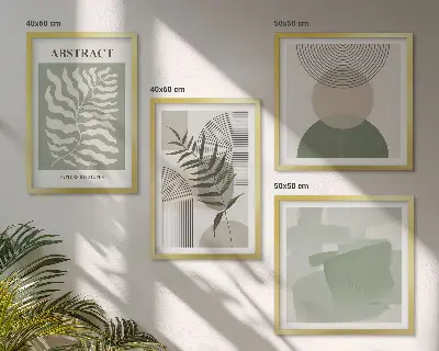 Billedvæg over sofa med botaniske boho-abstraktioner