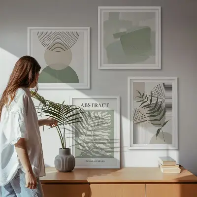 Billedvæg over sofa med botaniske boho-abstraktioner