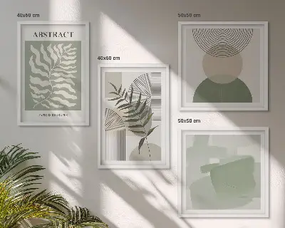 Billedvæg over sofa med botaniske boho-abstraktioner