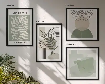 Billedvæg over sofa med botaniske boho-abstraktioner