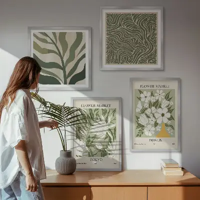 Billedvæg over sofa med boho-inspirerede plantemønstre