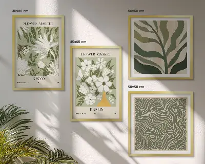 Billedvæg over sofa med boho-inspirerede plantemønstre