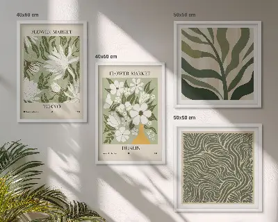 Billedvæg over sofa med boho-inspirerede plantemønstre