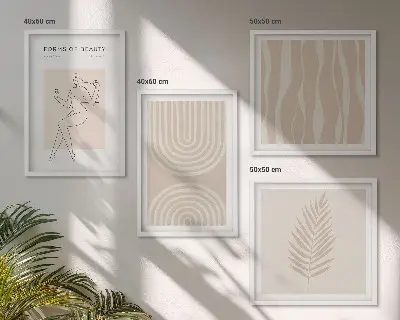 Abstrakte boho-dekorationer billedsæt med ramme