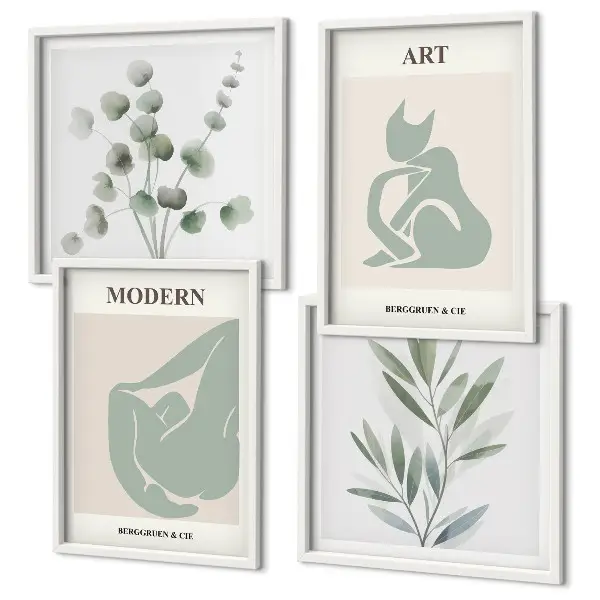 Billedvæg over sofa med plantemotiver i sart grøn
