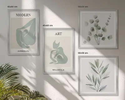 Billedvæg over sofa med plantemotiver i sart grøn