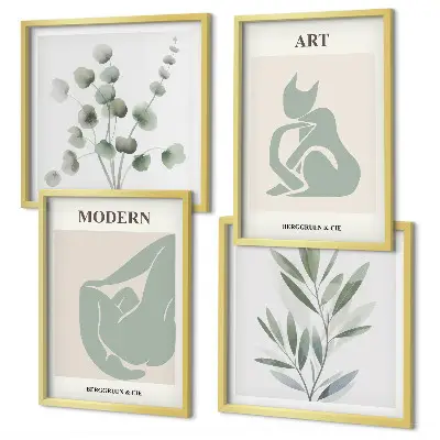 Billedvæg over sofa med plantemotiver i sart grøn