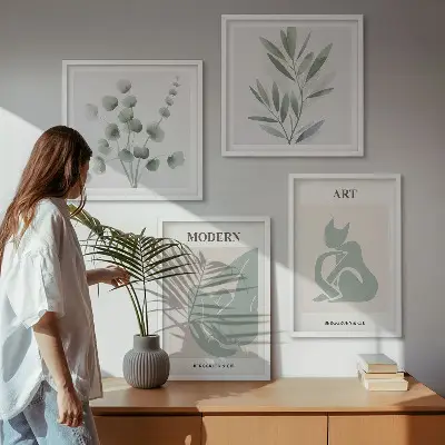 Billedvæg over sofa med plantemotiver i sart grøn