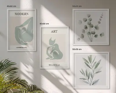 Billedvæg over sofa med plantemotiver i sart grøn