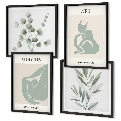 Billedvæg over sofa med plantemotiver i sart grøn