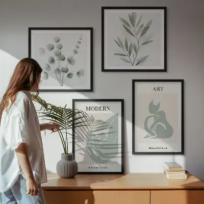 Billedvæg over sofa med plantemotiver i sart grøn
