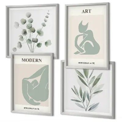 Billedvæg over sofa med plantemotiver i sart grøn