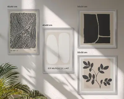 Billedvæg over sofa med minimalistiske plantemønstre