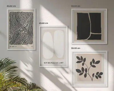 Billedvæg over sofa med minimalistiske plantemønstre
