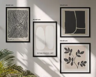 Billedvæg over sofa med minimalistiske plantemønstre