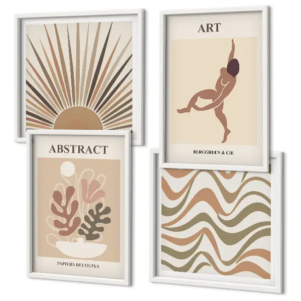 Billedvæg over sofa med abstrakte Matisse-mønstre i boho-stil