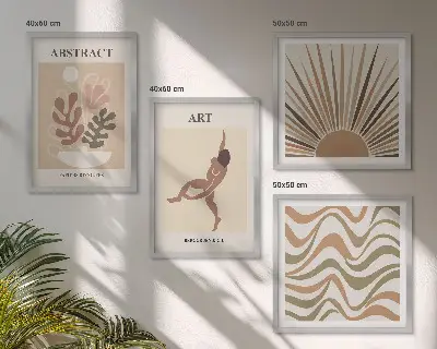 Billedvæg over sofa med abstrakte Matisse-mønstre i boho-stil