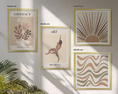 Billedvæg over sofa med abstrakte Matisse-mønstre i boho-stil