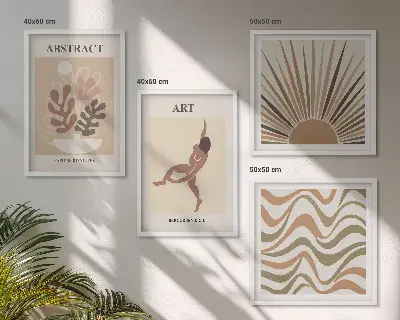 Billedvæg over sofa med abstrakte Matisse-mønstre i boho-stil
