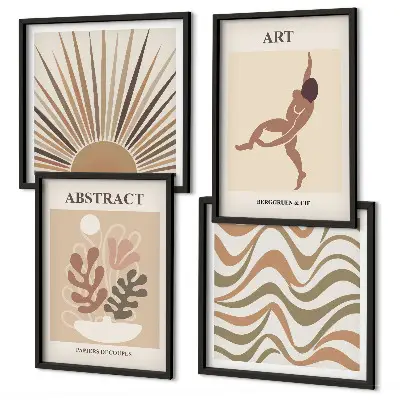 Billedvæg over sofa med abstrakte Matisse-mønstre i boho-stil