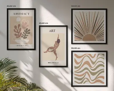 Billedvæg over sofa med abstrakte Matisse-mønstre i boho-stil