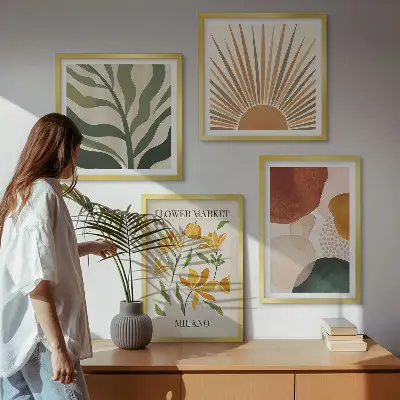 Billedvæg over sofa med abstrakte blomstermotiver