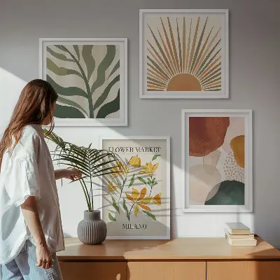 Billedvæg over sofa med abstrakte blomstermotiver