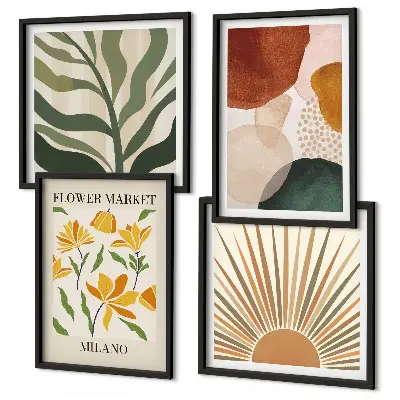 Billedvæg over sofa med abstrakte blomstermotiver
