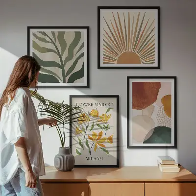 Billedvæg over sofa med abstrakte blomstermotiver