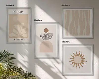Billedvæg over sofa med stilfulde abstrakte beige farver