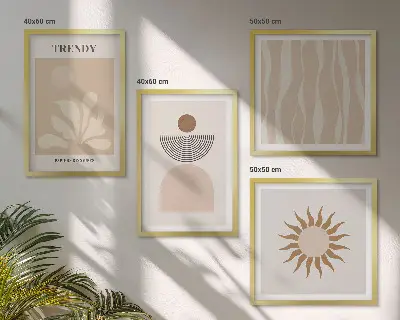 Billedvæg over sofa med stilfulde abstrakte beige farver