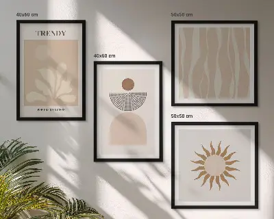 Billedvæg over sofa med stilfulde abstrakte beige farver