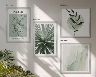 Billedsæt med ramme grønne og beige plantemønstre
