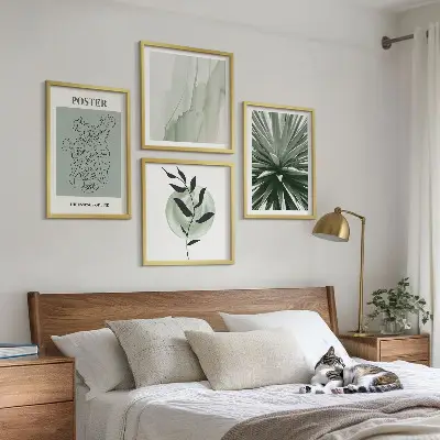 Billedsæt med ramme grønne og beige plantemønstre