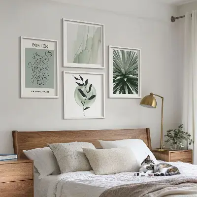 Billedsæt med ramme grønne og beige plantemønstre