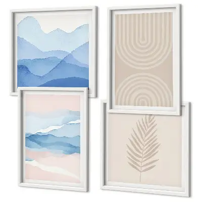 Billedvæg over sofa med motiv af beige og blå bølgende blade